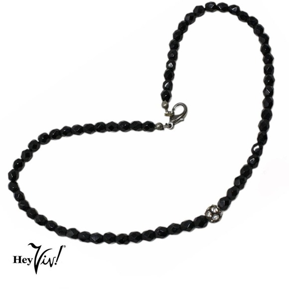 Vintage Single Strand Black Glass Bead & Rhinestone Choker Necklace 17" -Hey Viv - Picture 2 of 4